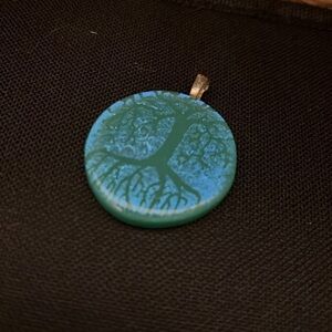 Teal Fused Art Glass Jewelry Necklace Pendant with Spiritual Tree of Life